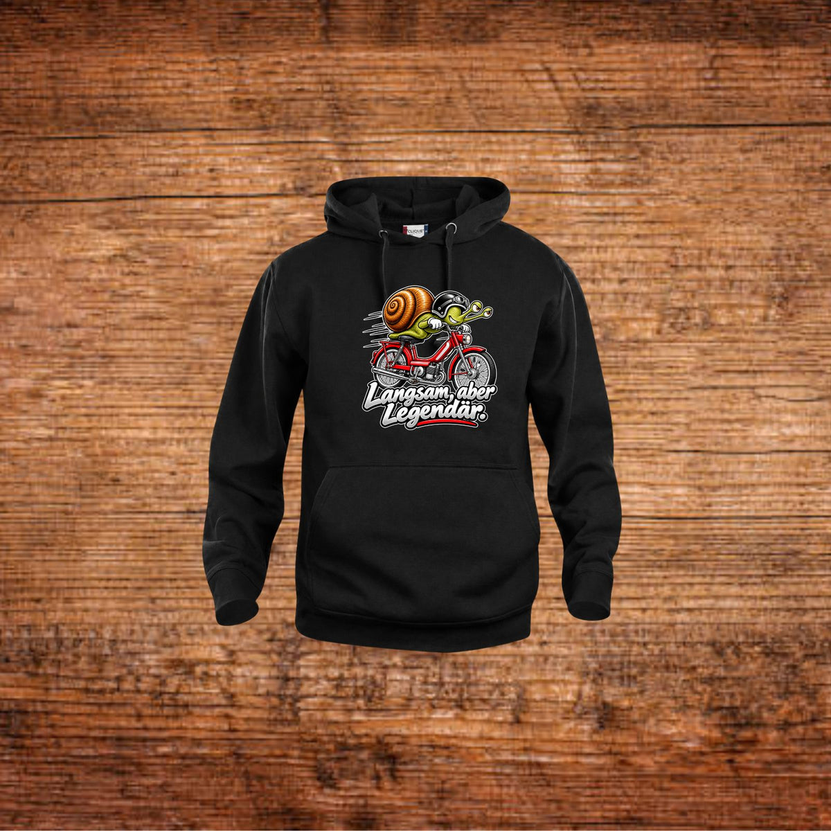 Schwarzer Hoodie mit Kapuze und Schnecken-Mofa-Motiv auf der Brust