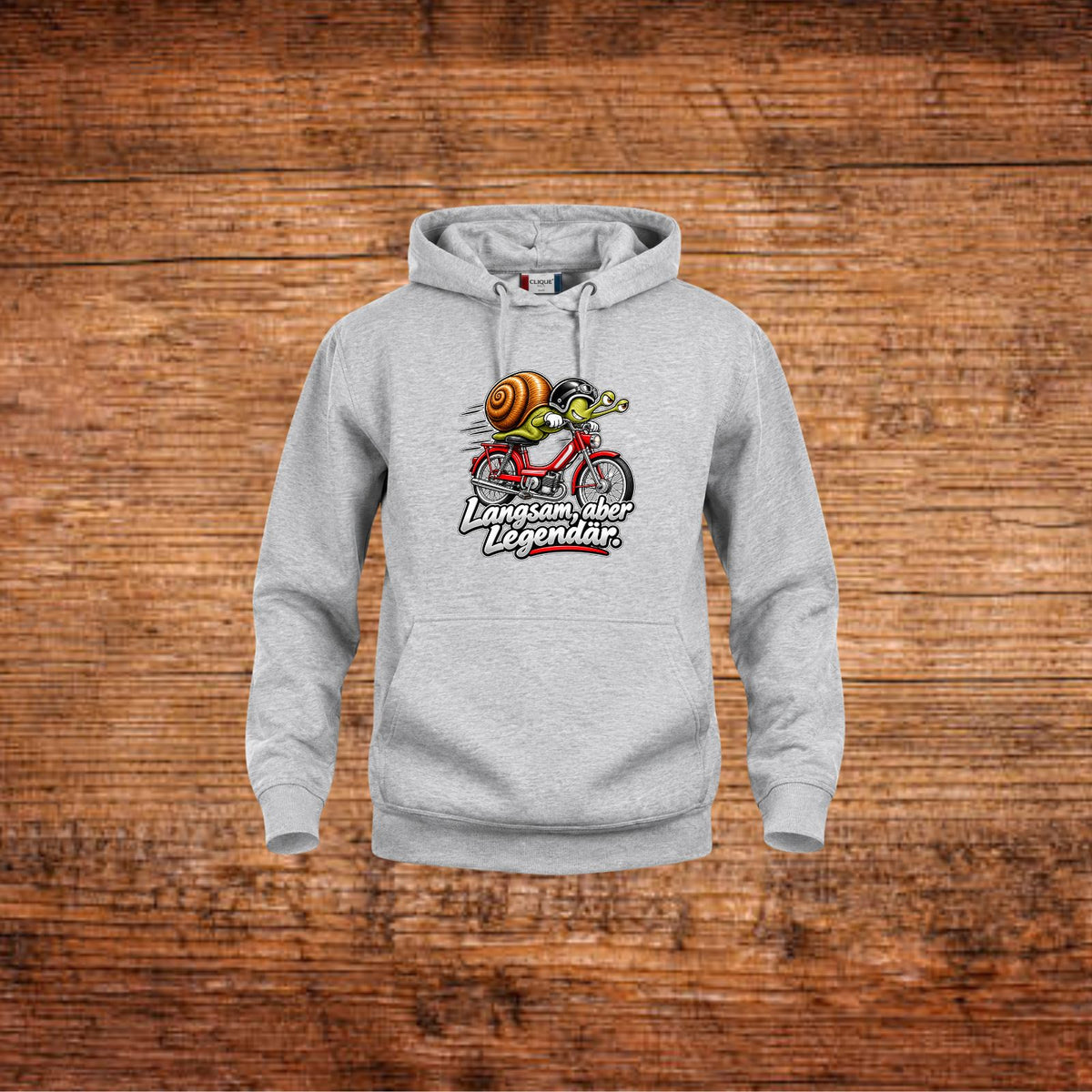 Grauer Hoodie mit Kapuze und Schnecken-Mofa-Motiv auf der Brust