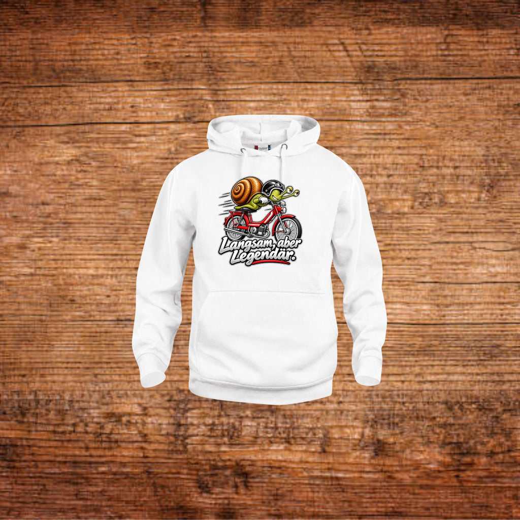 Weißer Hoodie mit Kapuze und Schnecken-Mofa-Motiv auf der Brust