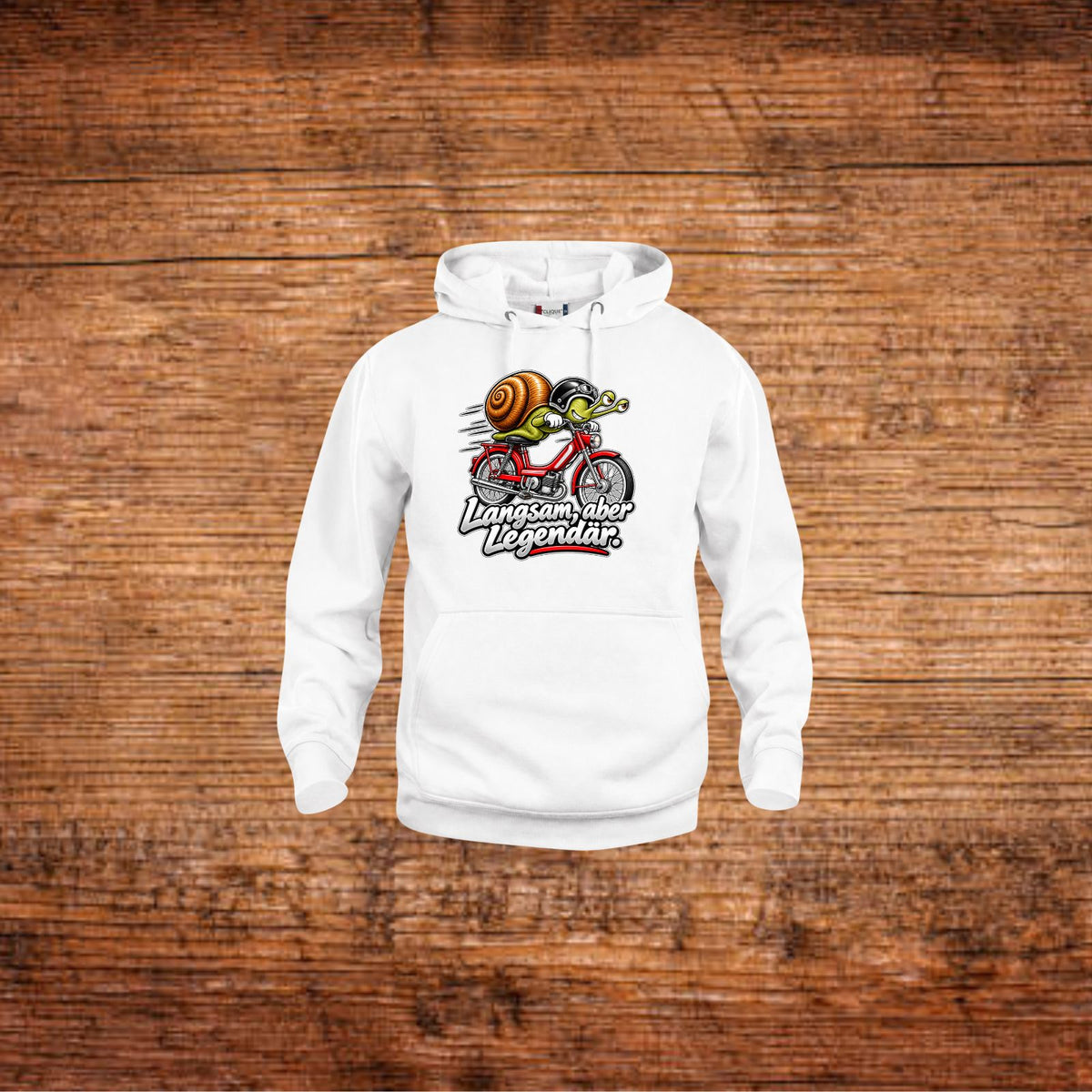 Weißer Hoodie mit Kapuze und Schnecken-Mofa-Motiv auf der Brust