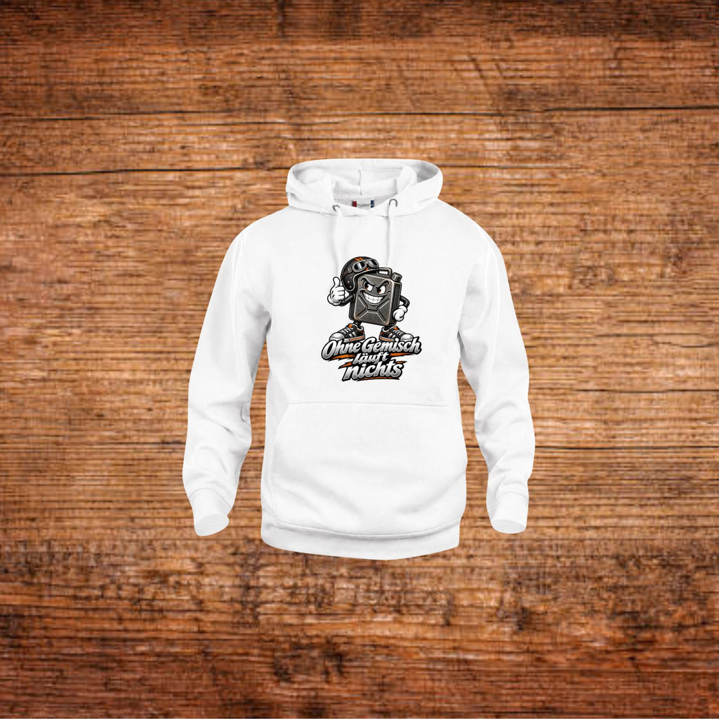 Weiße Hoodie mit Kapuze und Fronttasche, Kanistermotiv vorn