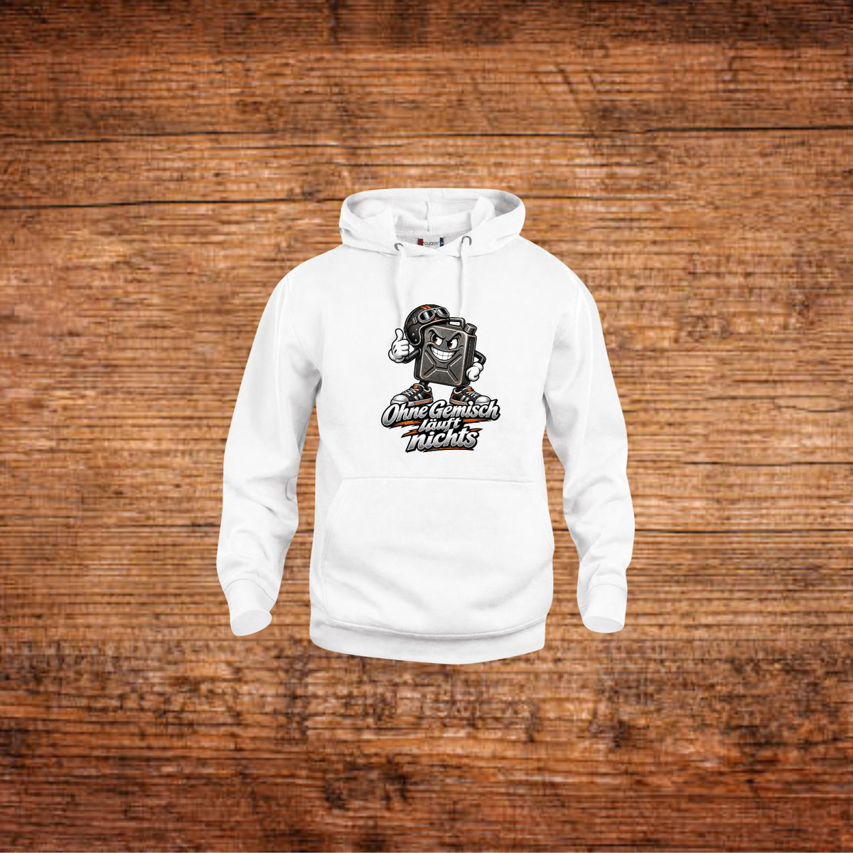 Weiße Hoodie mit Kapuze und Fronttasche, Kanistermotiv vorn