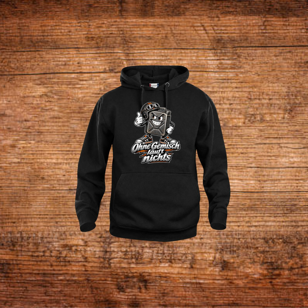 Schwarze Hoodie mit Kapuze und Fronttasche, Kanistermotiv vorn