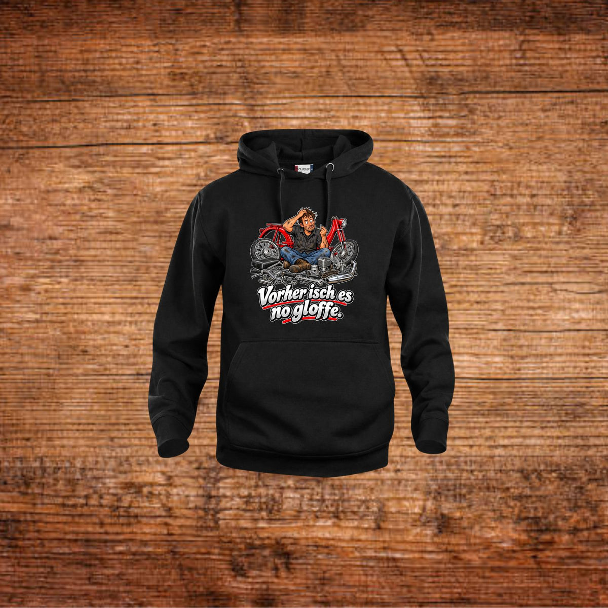 Schwarzer Hoodie mit Kapuze, Kängurutasche und Mofa-Comic-Frontprint