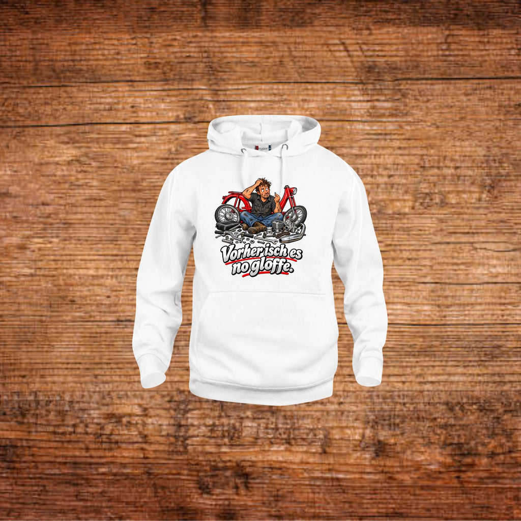 Weißer Hoodie mit Kapuze, Kängurutasche und Mofa-Comic-Frontprint
