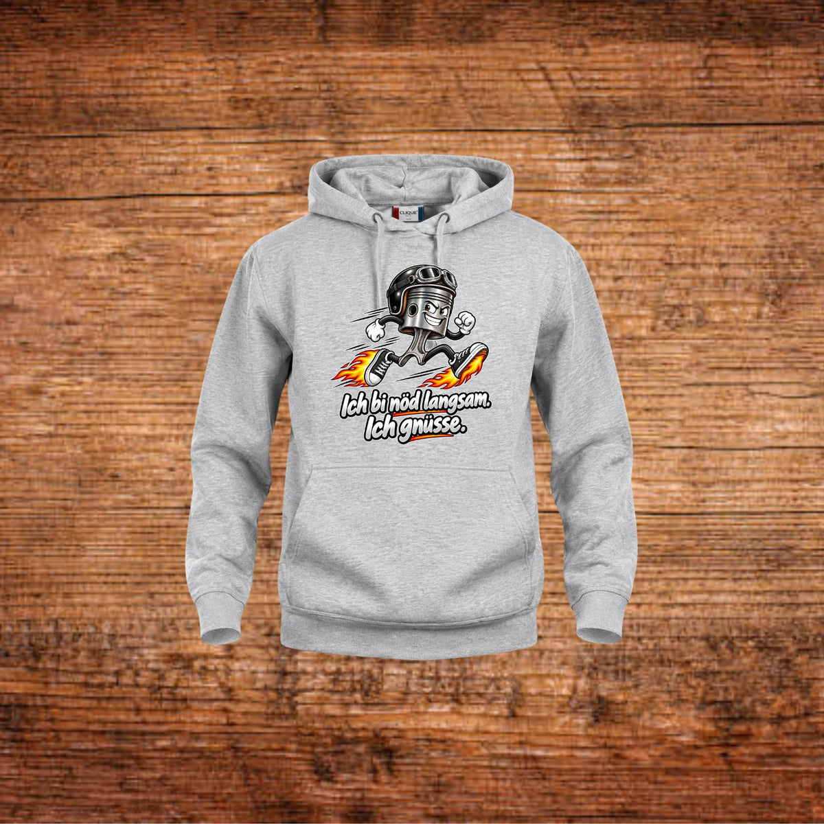 Grau melierte Hoodie mit Kapuze, Kordeln und Mofa-Frontprint