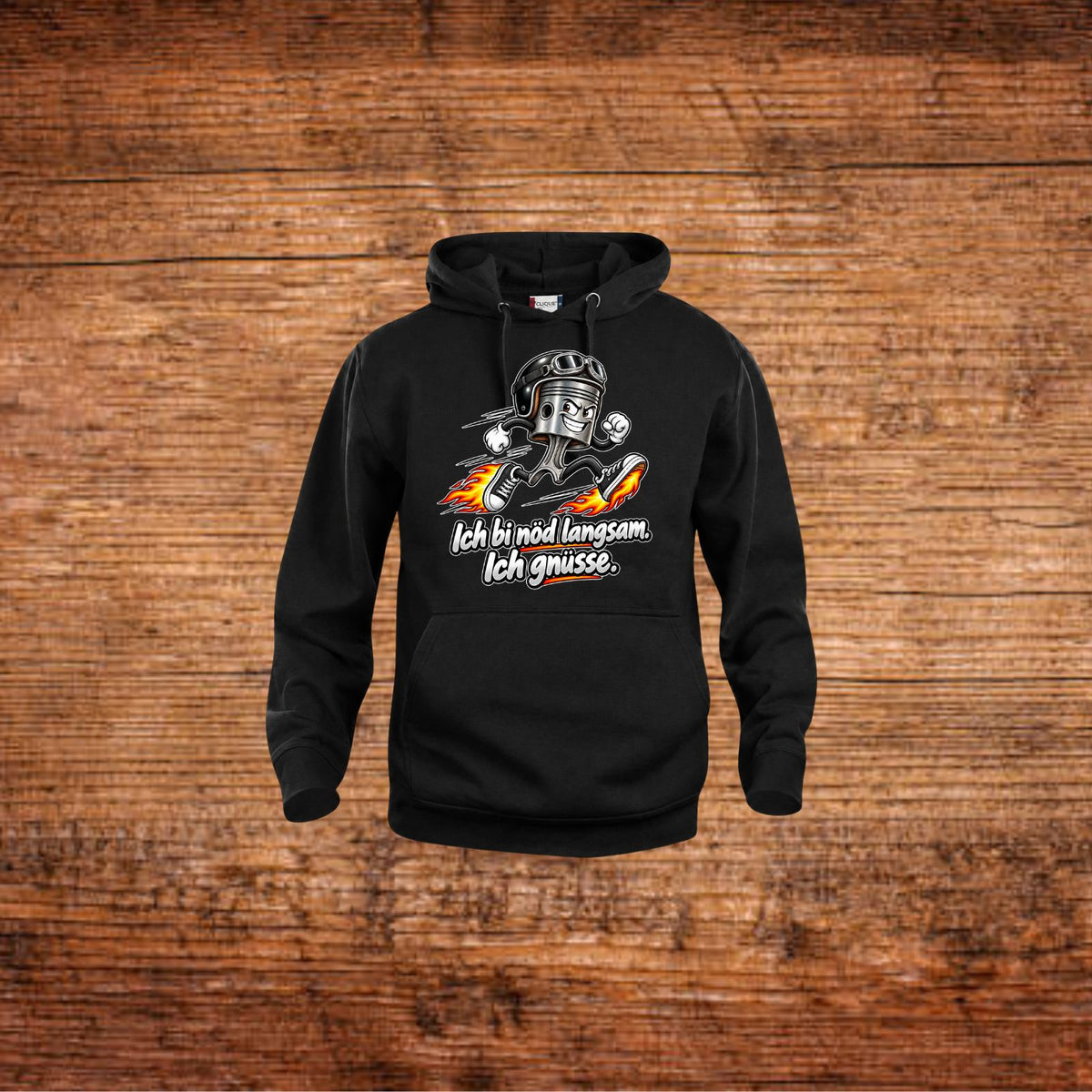Schwarze Hoodie mit Kapuze, Kordeln und Mofa-Frontprint
