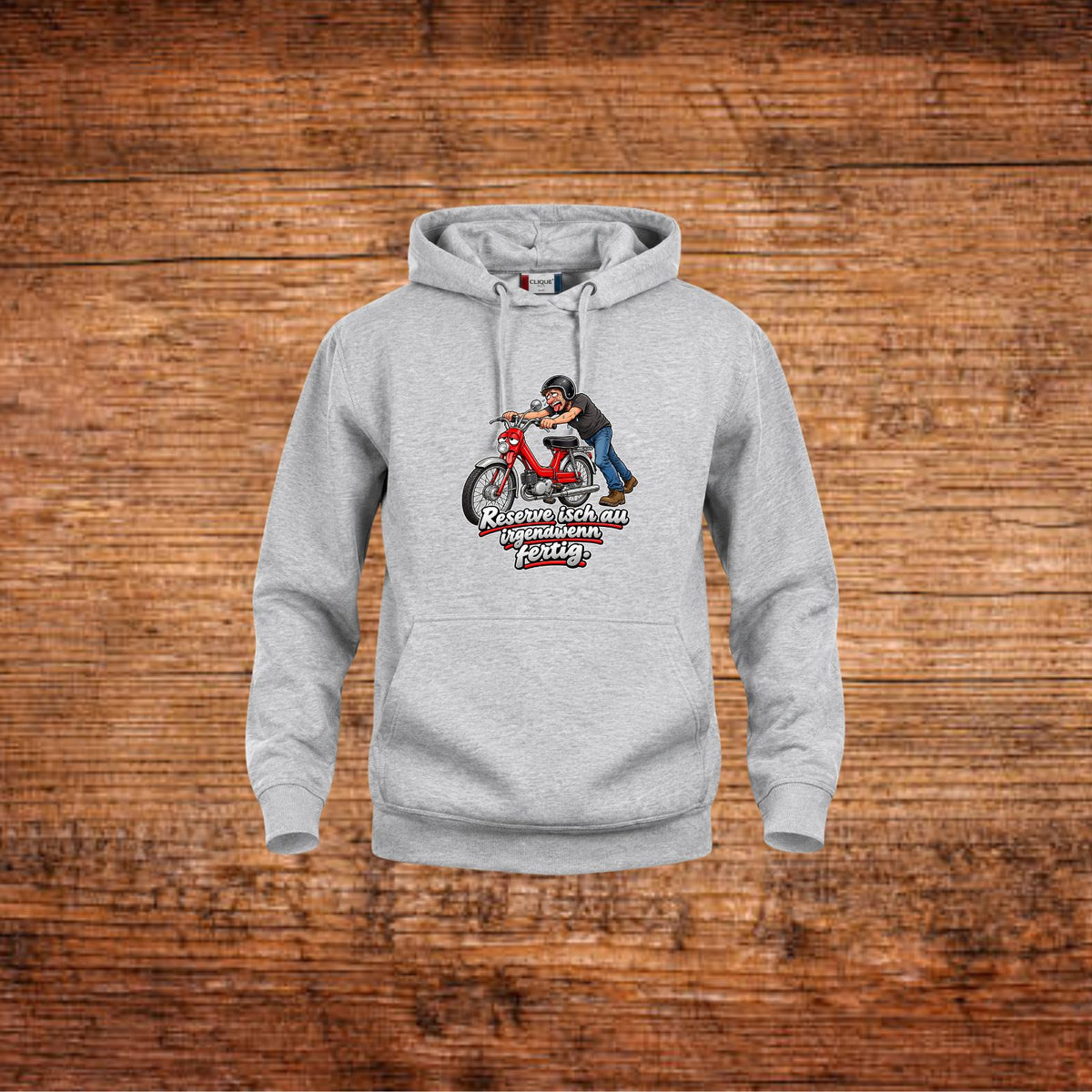 Grau melierter Hoodie mit Mofa-Frontprint und Kängurutasche