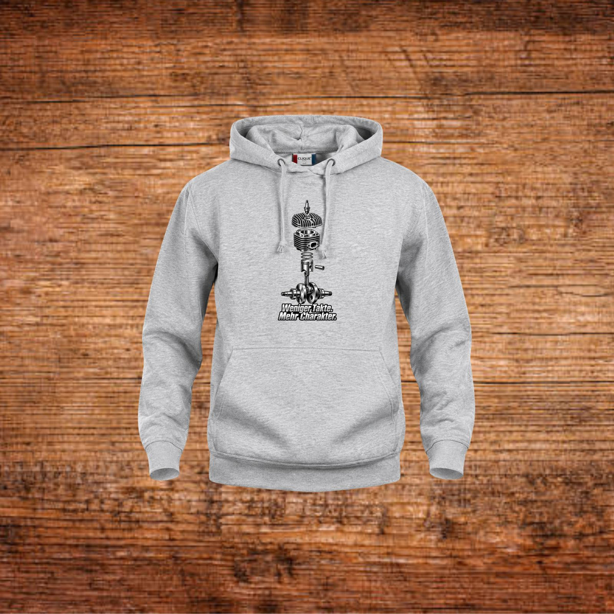 Grau melierter Hoodie mit Kapuze und Frontprint, Kordelzug vorne