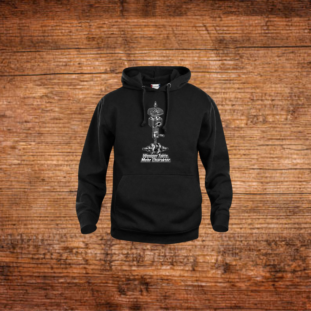 Schwarzer Hoodie mit Kapuze und Frontprint, Kordelzug vorne