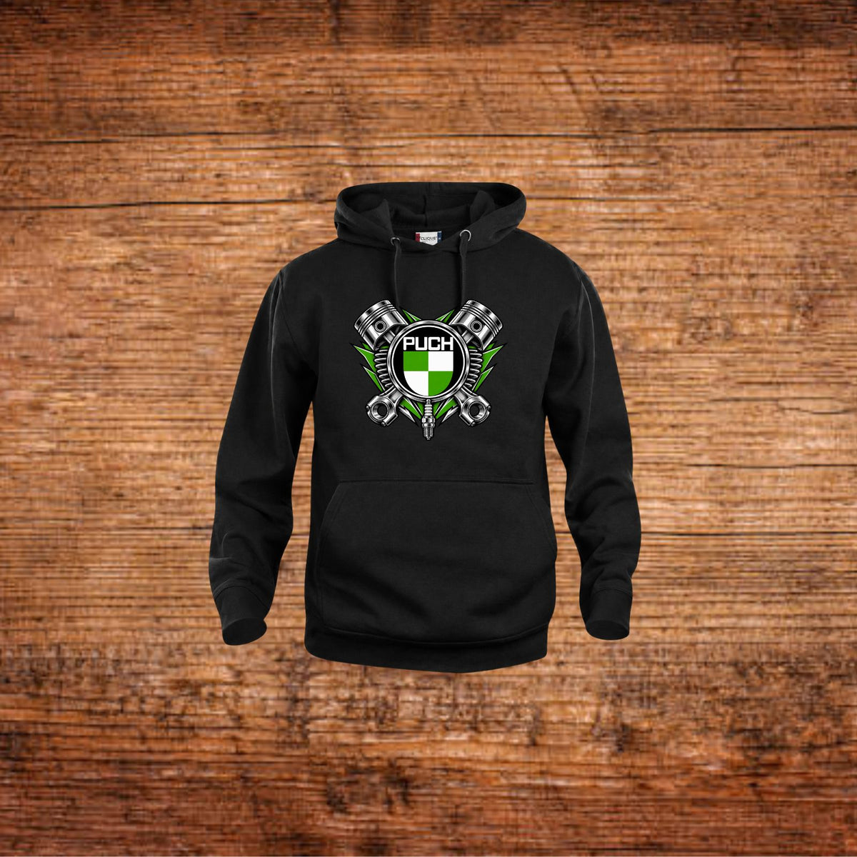 Schwarzer Hoodie mit Puch-Motiv auf der Brust, Kängurutasche und Kapuze