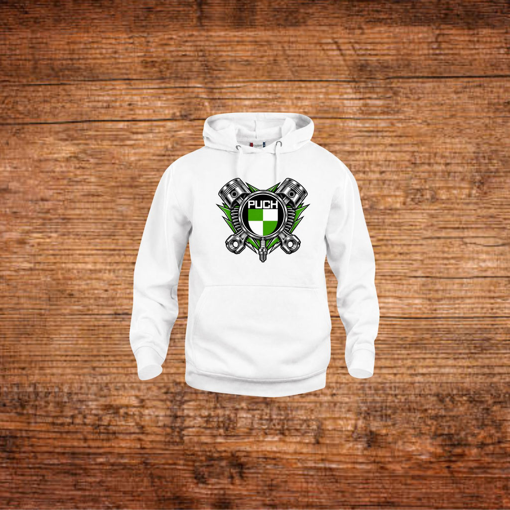Weißer Hoodie mit Puch-Motiv auf der Brust, Kängurutasche und Kapuze