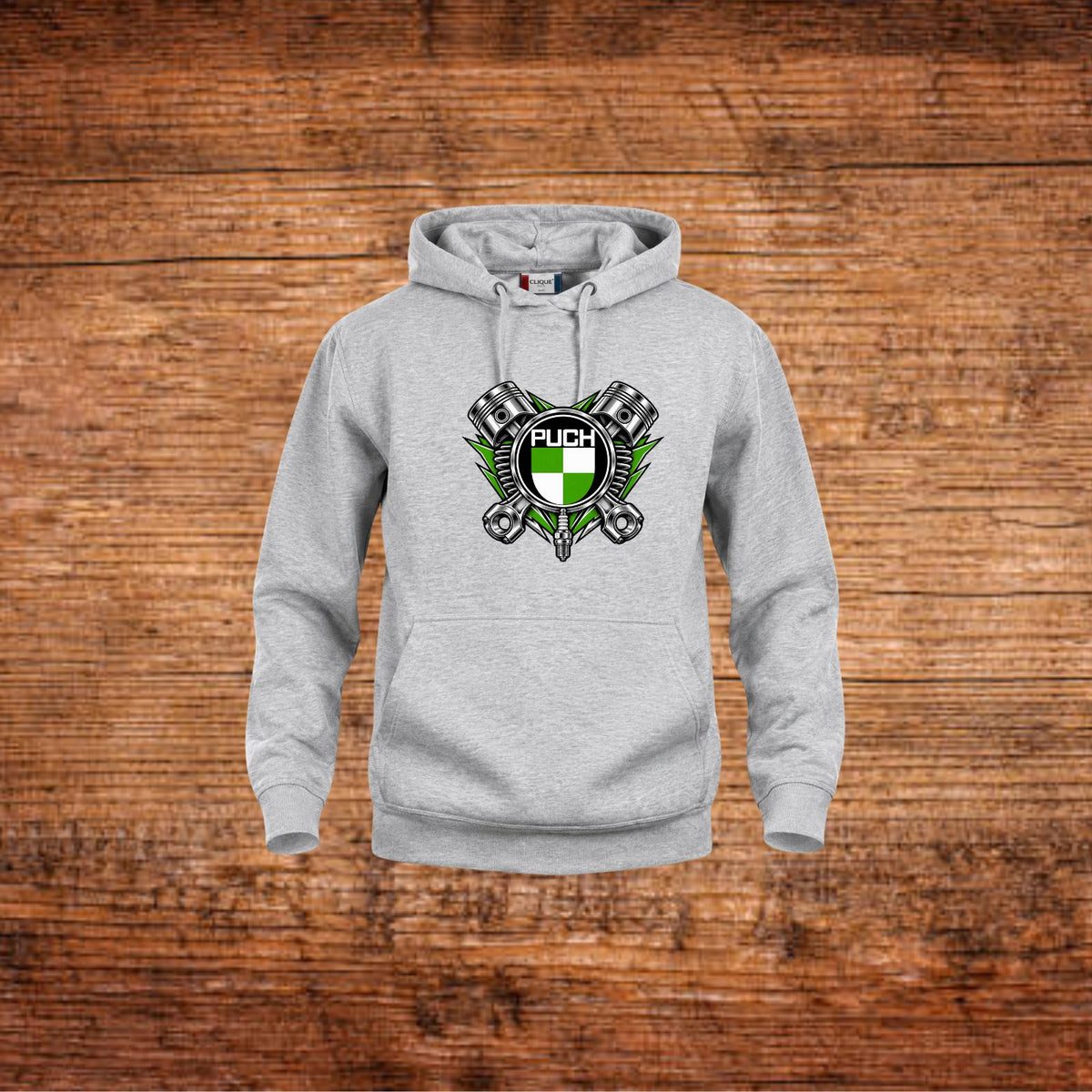 Grau melierter Hoodie mit Puch-Motiv auf der Brust, Kängurutasche und Kapuze