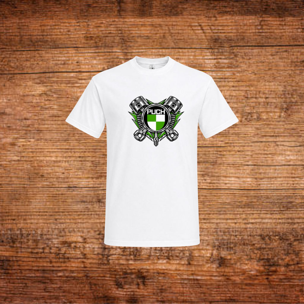 Weißes T-Shirt mit großem Puch-Kolben-Motiv vorn