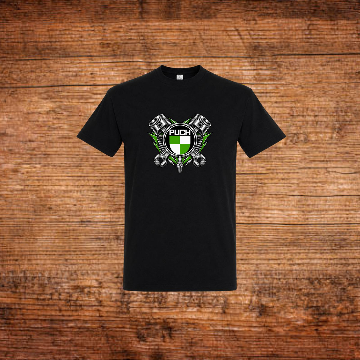 Schwarzes T-Shirt mit großem Puch-Kolben-Motiv vorn