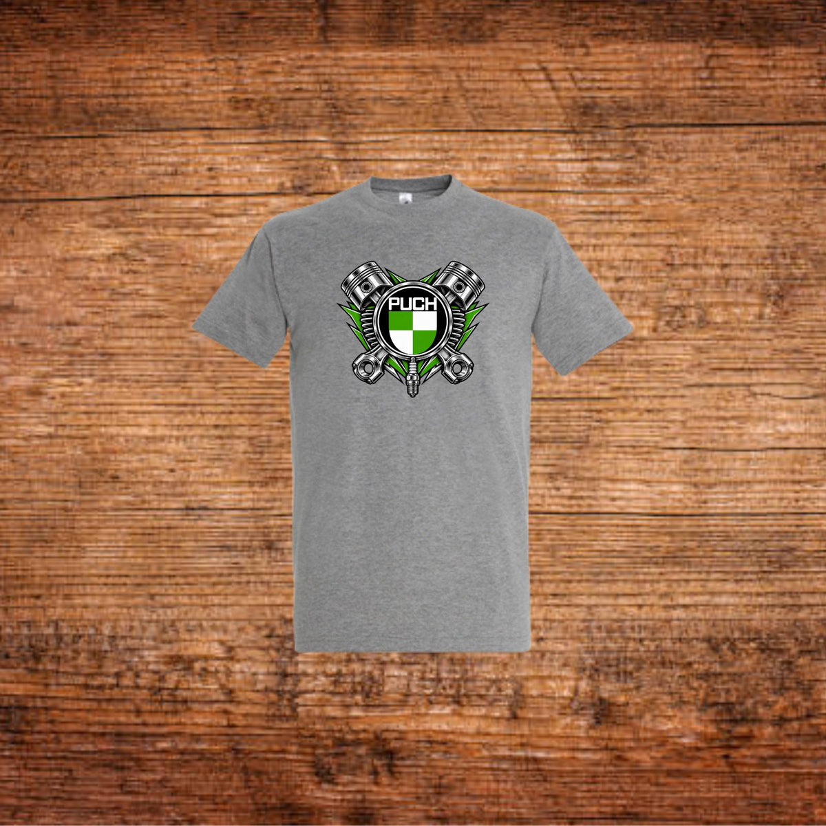 Graues T-Shirt mit großem Puch-Kolben-Motiv vorn