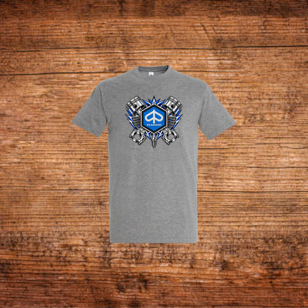 Graues Piaggio Kolben-T-Shirt mit großem Piaggio-Brustmotiv