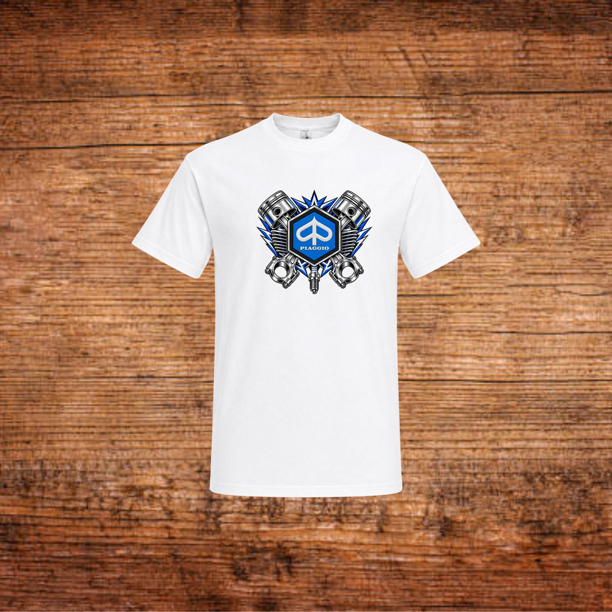 Weißes Piaggio Kolben-T-Shirt mit Piaggio-Brustmotiv aus Kolben und Flügeln