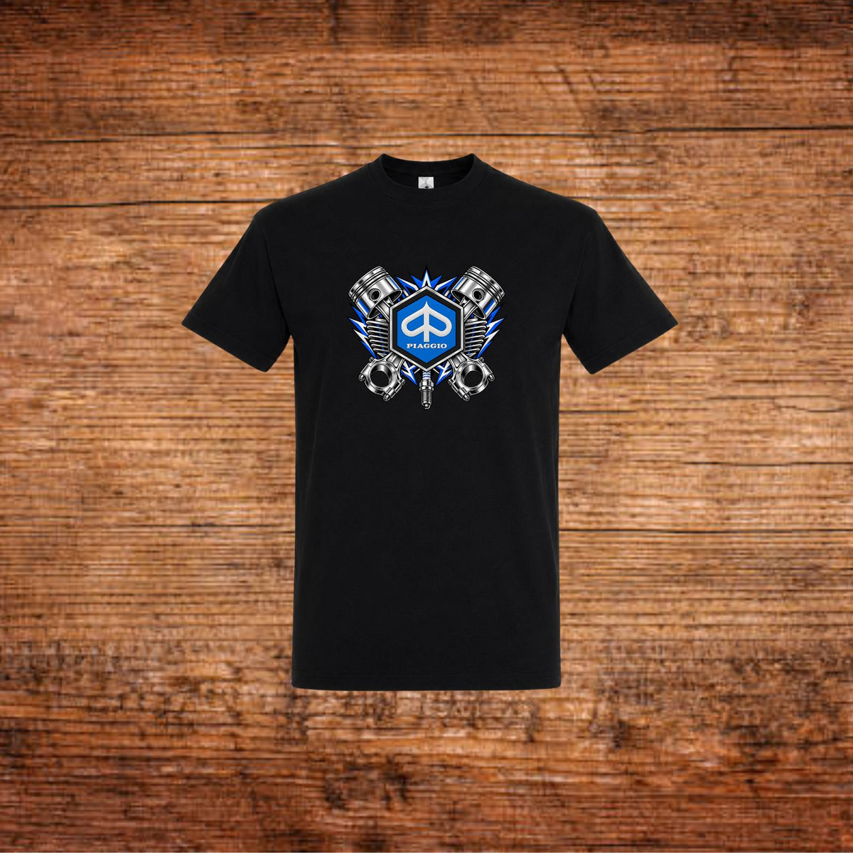 Schwarzes Piaggio Kolben-T-Shirt mit Piaggio-Brustmotiv aus Kolben und Flügeln