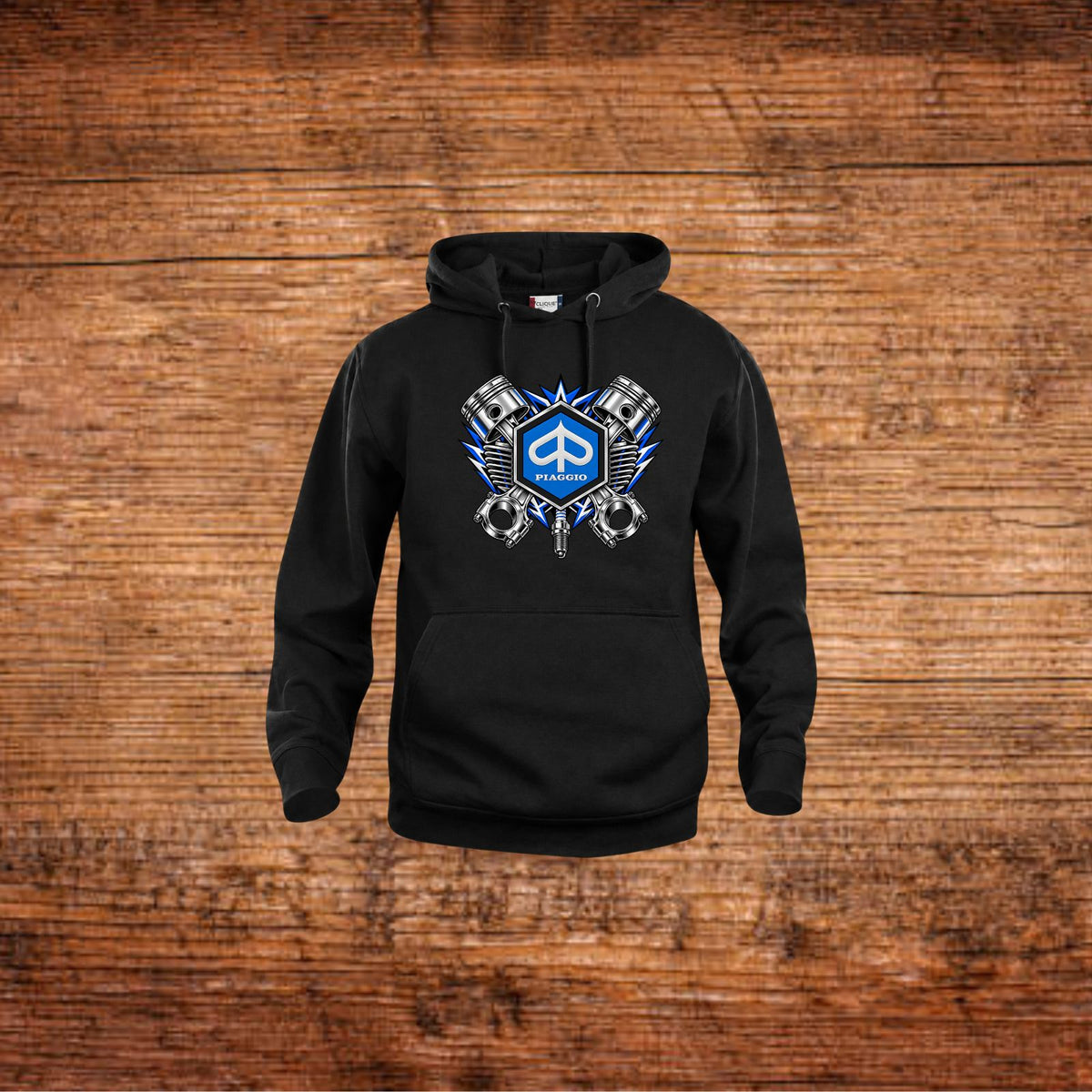 Schwarzer Piaggio-Kolben Hoodie mit Kapuze und Frontdruck, Kängurutasche