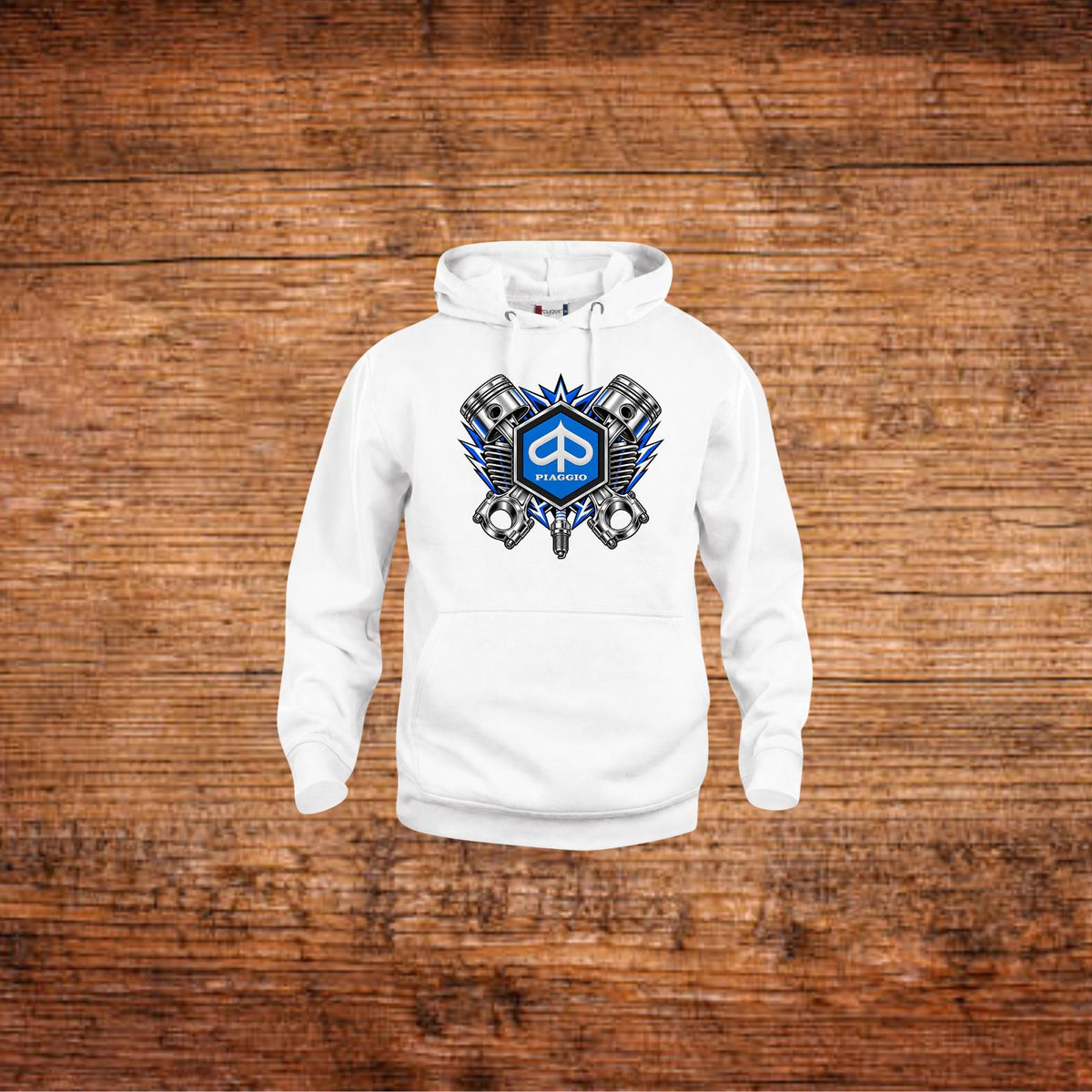Weißer Piaggio-Kolben Hoodie mit Kapuze und Frontdruck, Kängurutasche