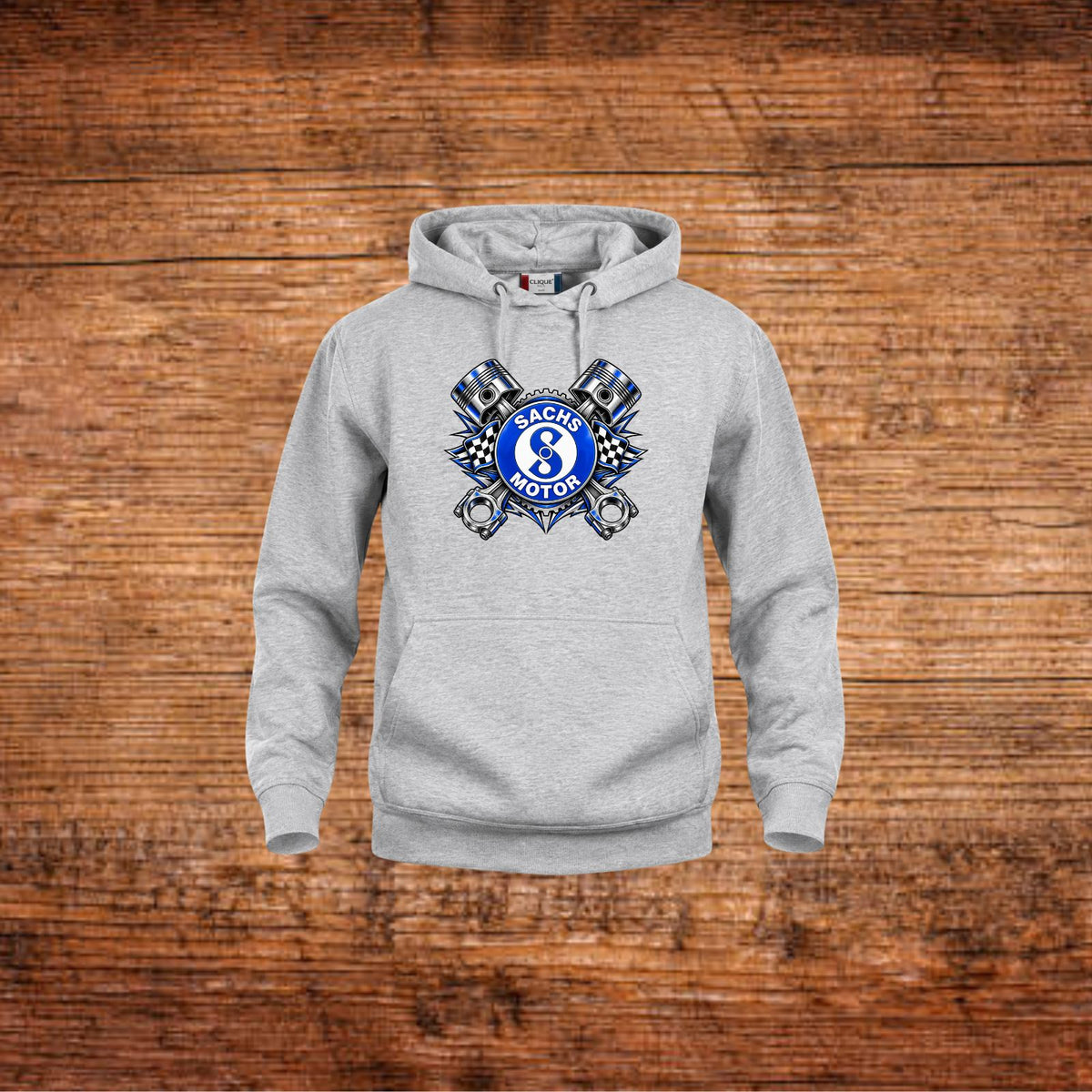 Grauer Hoodie mit Kapuze und großem Sachs-Motor Racing-Logo vorn