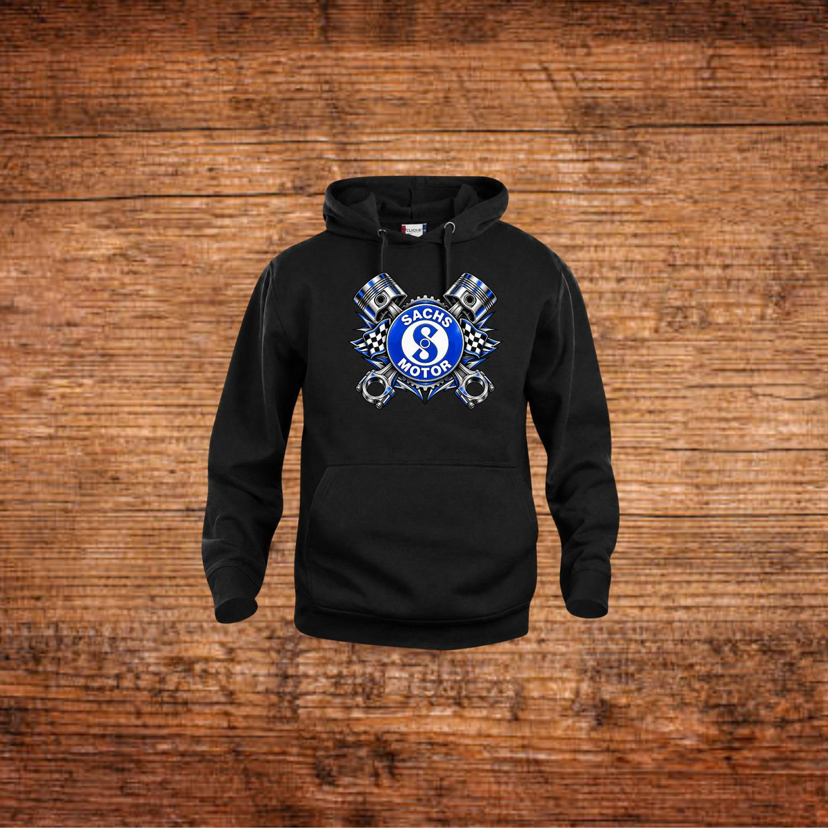 Schwarzer Hoodie mit Kapuze und großem Sachs-Motor Racing-Logo vorn