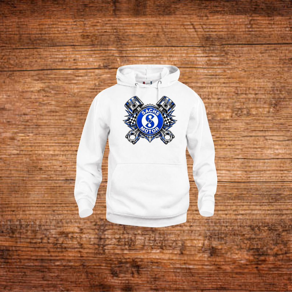 Weißer Hoodie mit Kapuze und großem Sachs-Motor Racing-Logo vorn