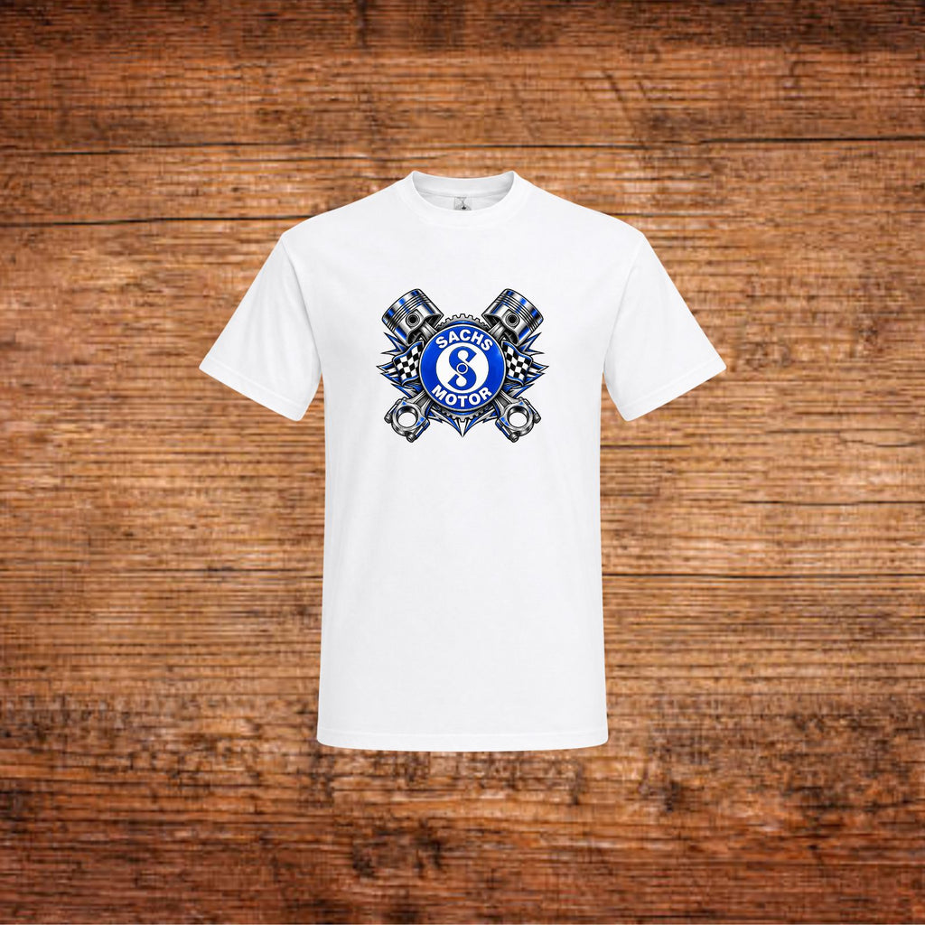 Weißes T-Shirt mit Sachs-Motoren Motiv und Rundhalsausschnitt