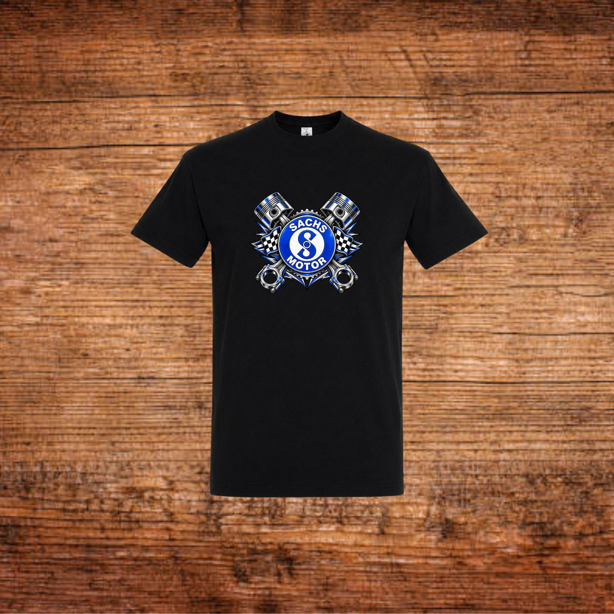 Schwarzes T-Shirt mit Sachs-Motoren Motiv und Rundhalsausschnitt