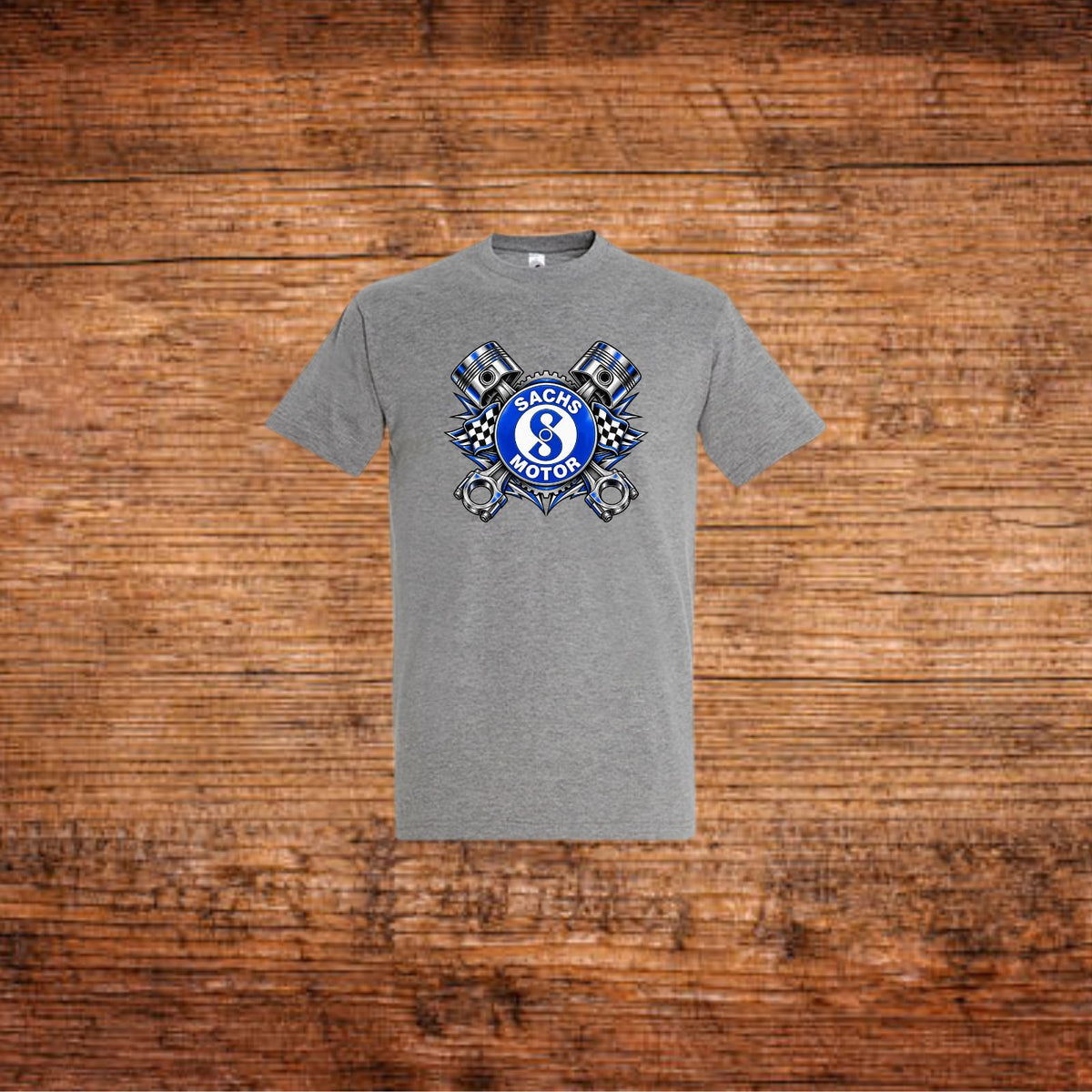 Graues T-Shirt mit Sachs-Motoren Motiv und Rundhalsausschnitt