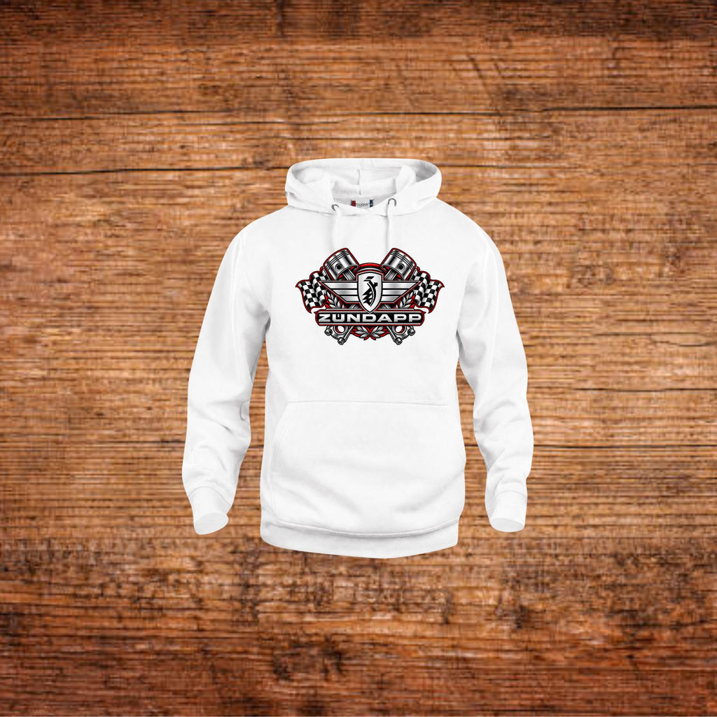 Weiße Mofa-Hoodie mit Zündapp-Motiv, Kapuze und Kängurutasche