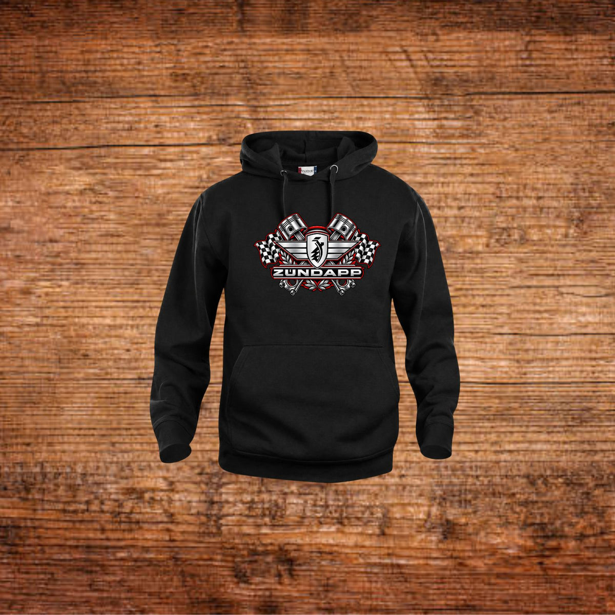 Schwarzer Mofa-Hoodie mit Zündapp-Motiv, Kapuze und Kängurutasche