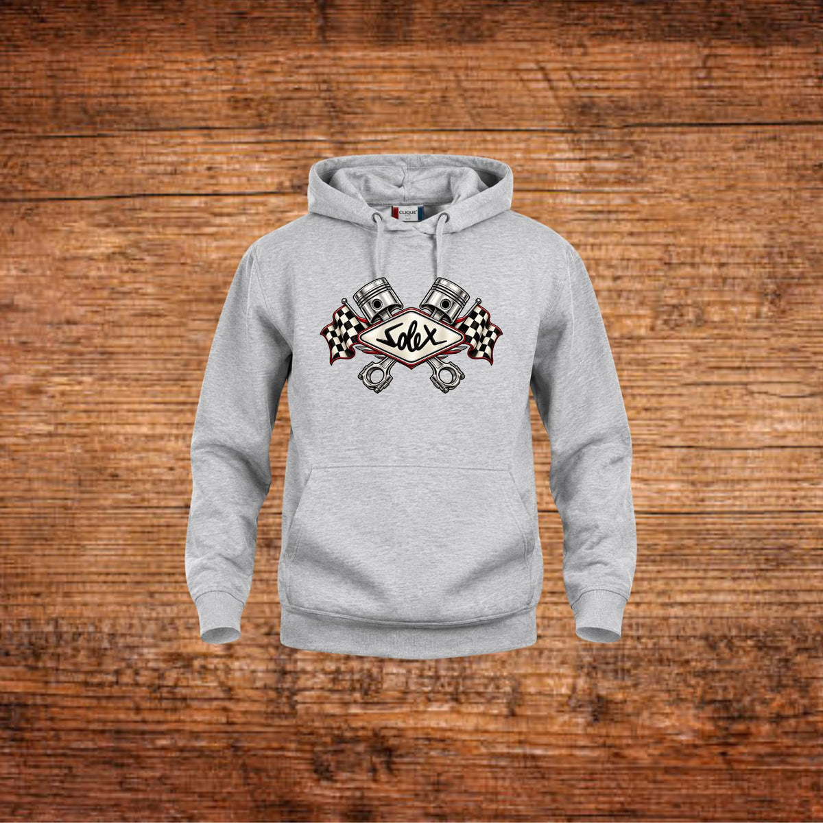 Grau melierter Hoodie mit Kapuze, Kängurutasche und Solex-Kolbenmotiv vorn