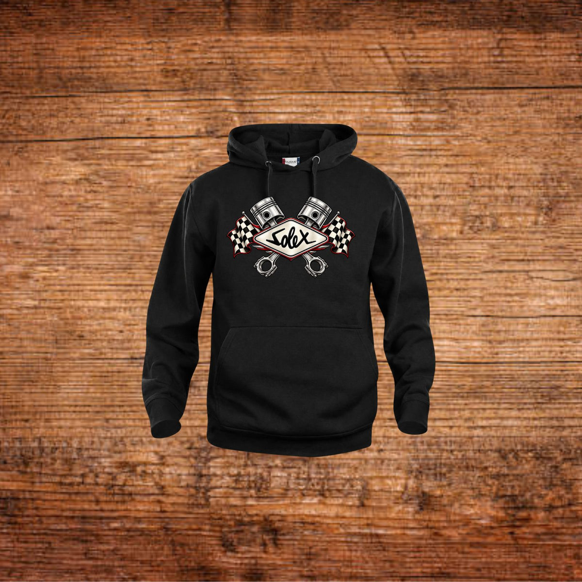 Schwarzer Hoodie mit Kapuze, Kängurutasche und Solex-Kolbenmotiv vorn