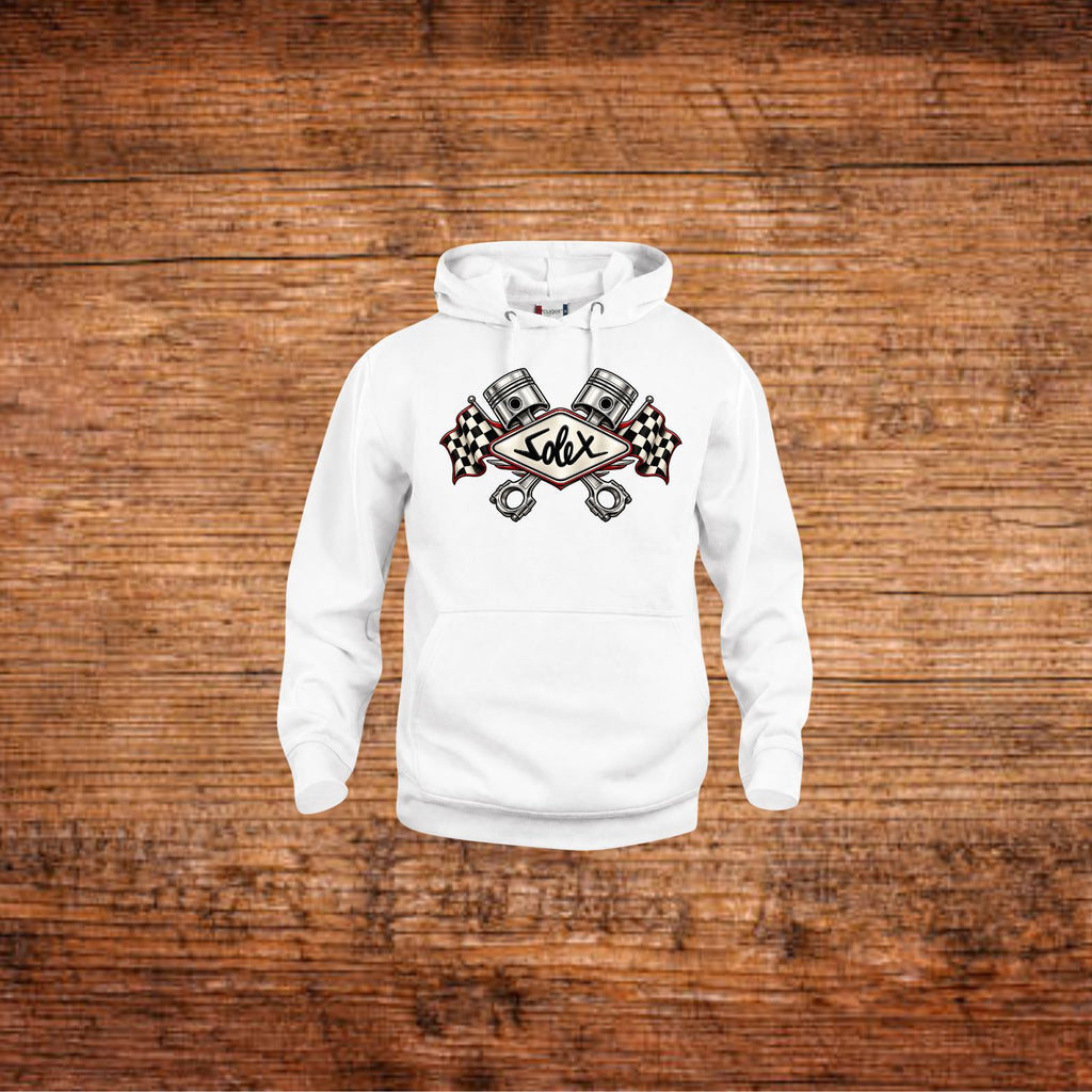 Weißer Hoodie mit Kapuze, Kängurutasche und Solex-Kolbenmotiv vorn