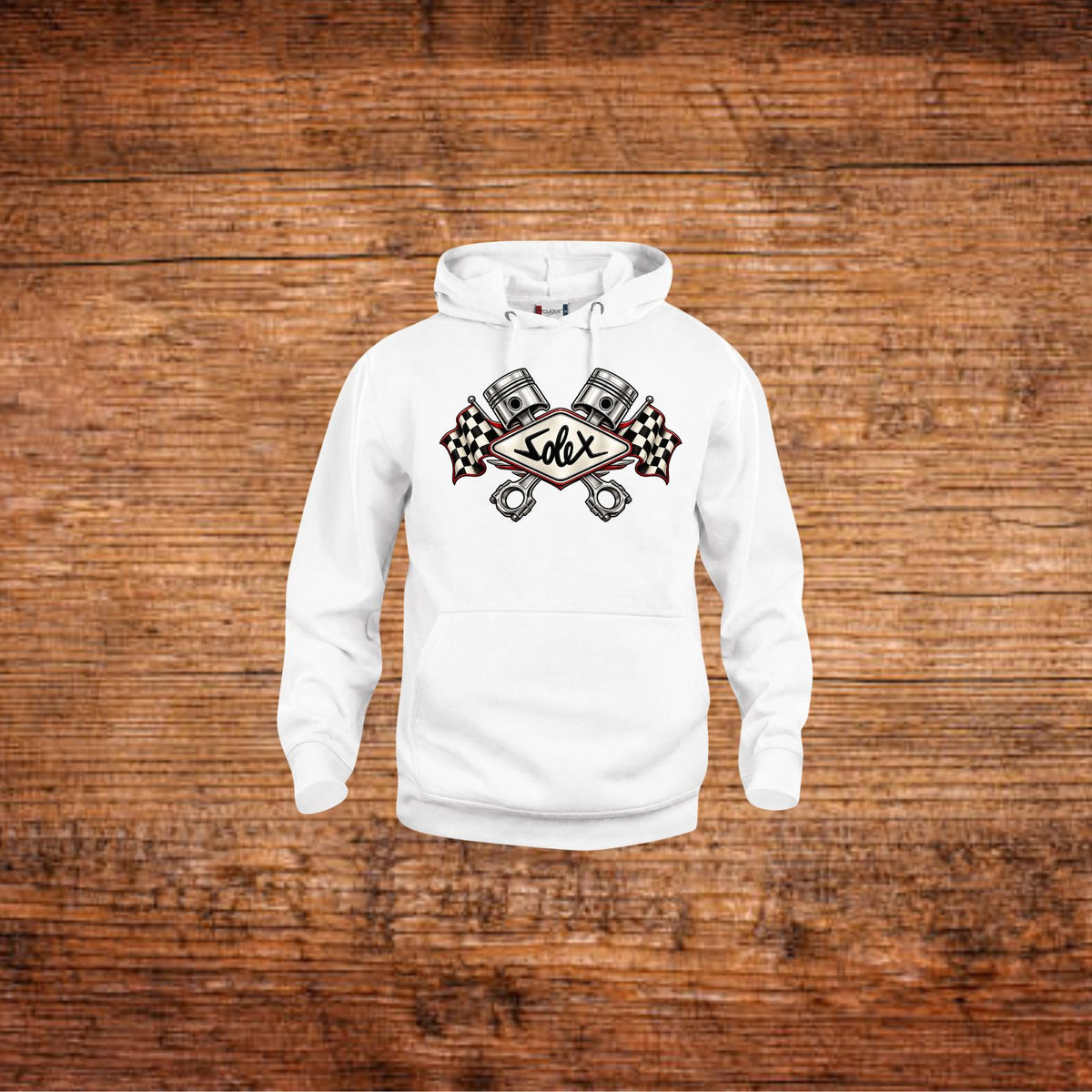 Weißer Hoodie mit Kapuze, Kängurutasche und Solex-Kolbenmotiv vorn