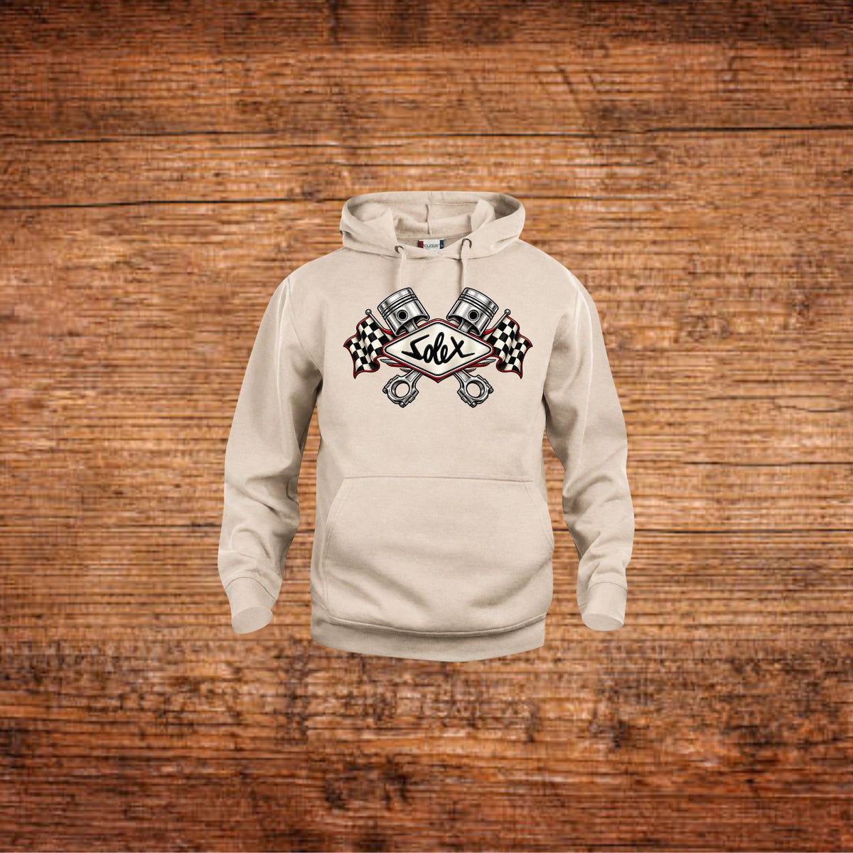 Beiger Hoodie mit Kapuze, Kängurutasche und Solex-Kolbenmotiv vorn