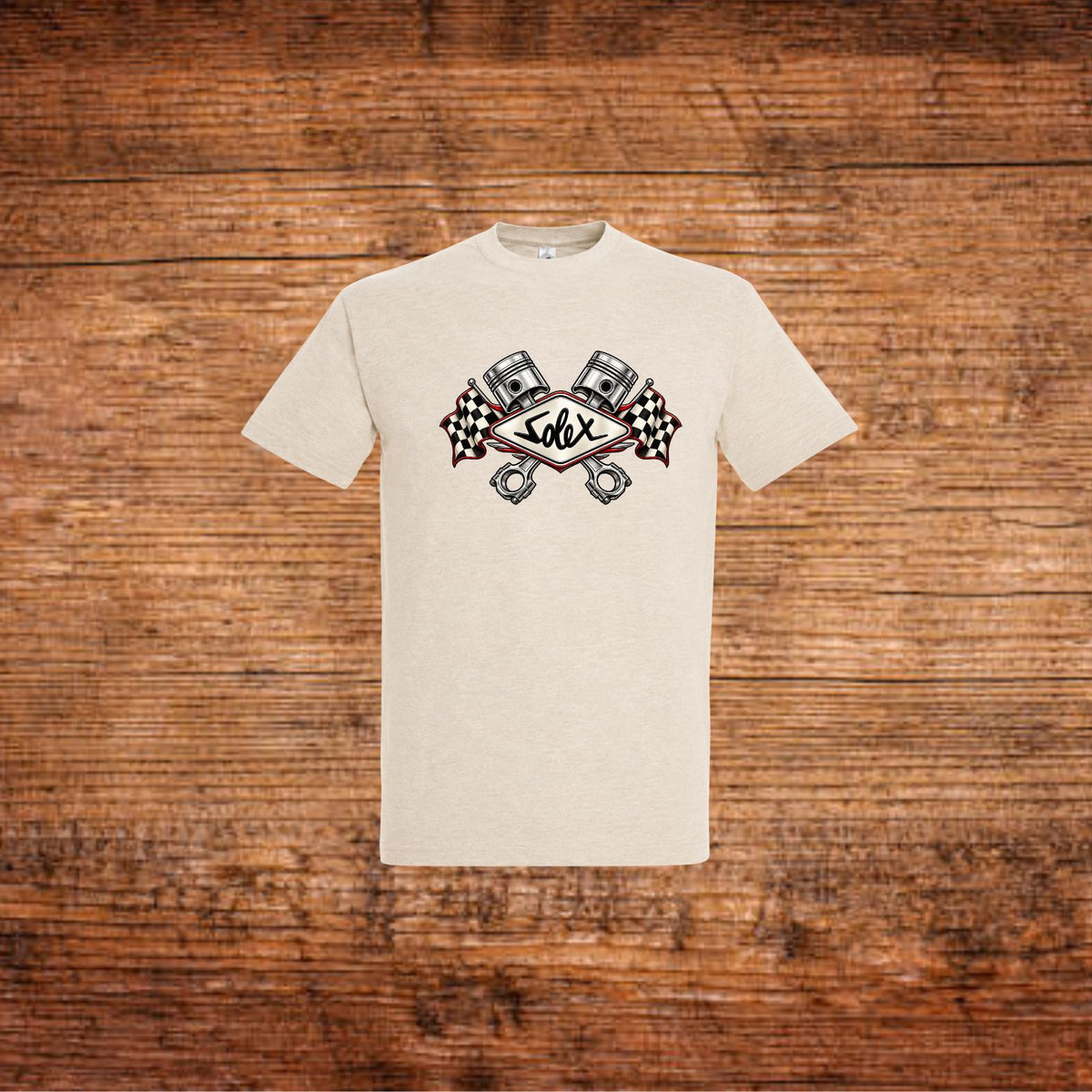 Hellbeiges T-Shirt mit Solex-Kolbenmotiv auf der Brust
