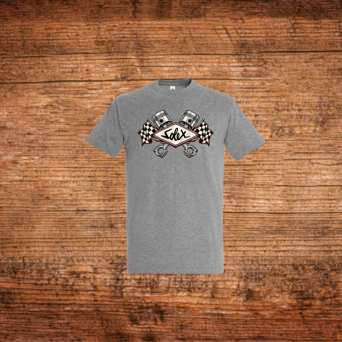 Graues T-Shirt mit Solex-Kolbenmotiv auf der Brust