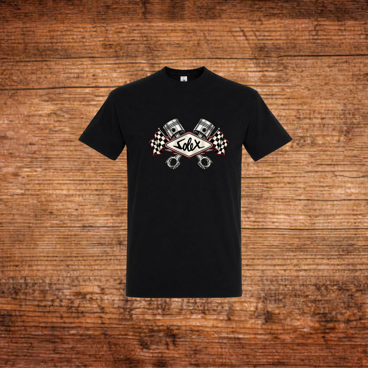 Schwarzes T-Shirt mit Solex-Kolbenmotiv auf der Brust