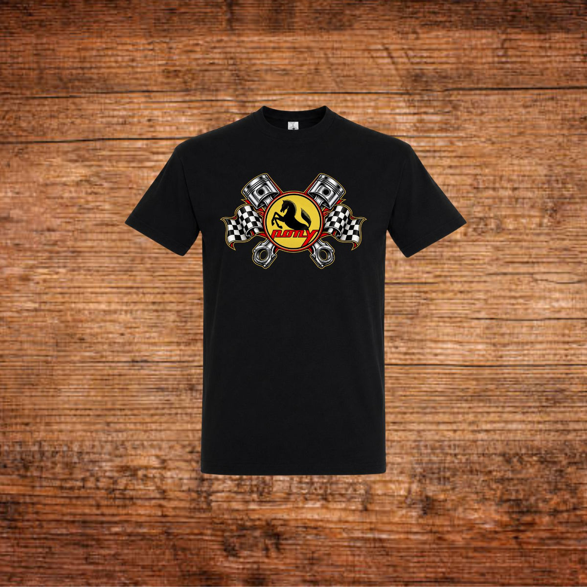 Schwarzes T-Shirt mit Pony-Motiv auf der Brust