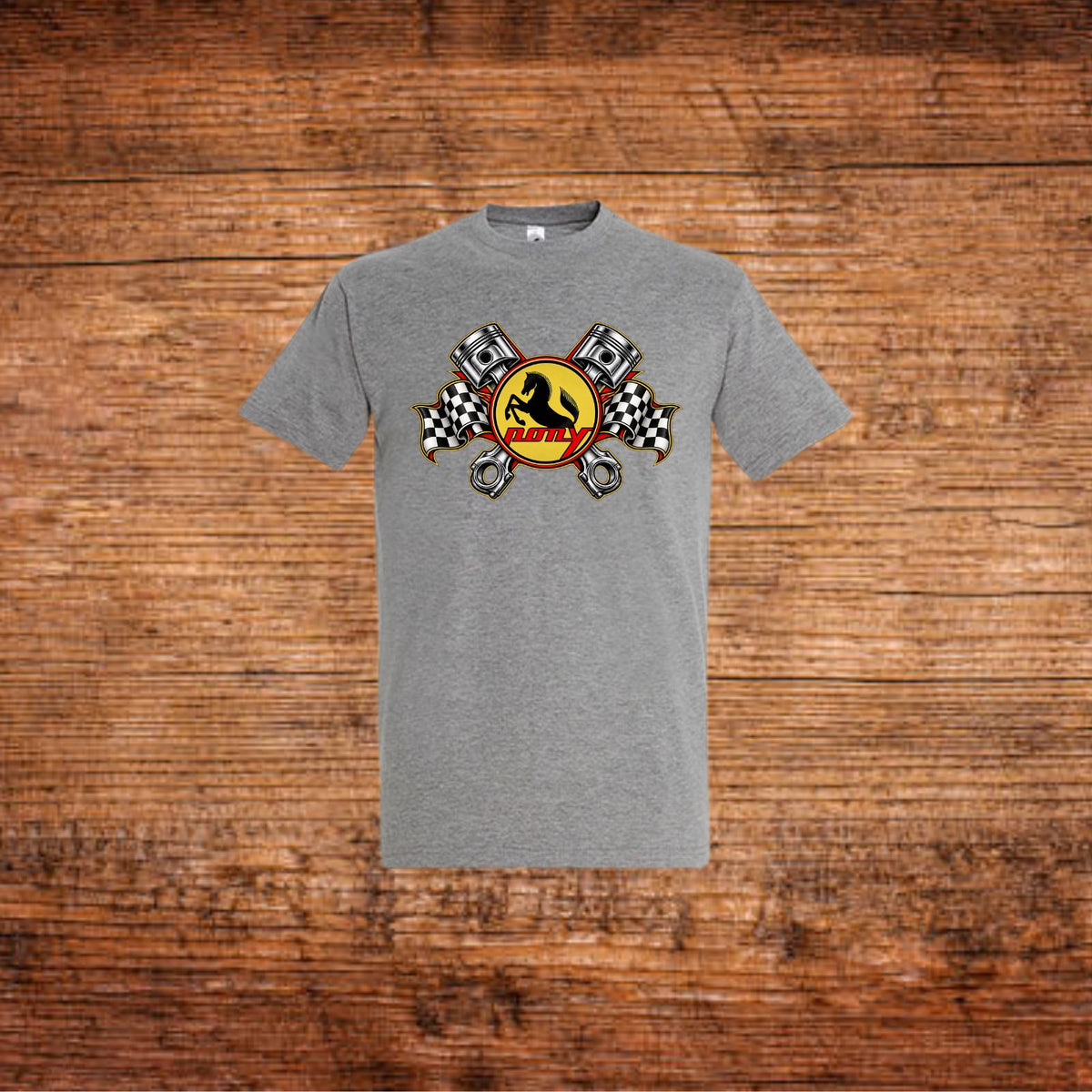 Graues T-Shirt mit Pony-Motiv und gekreuzten Zündkerzen