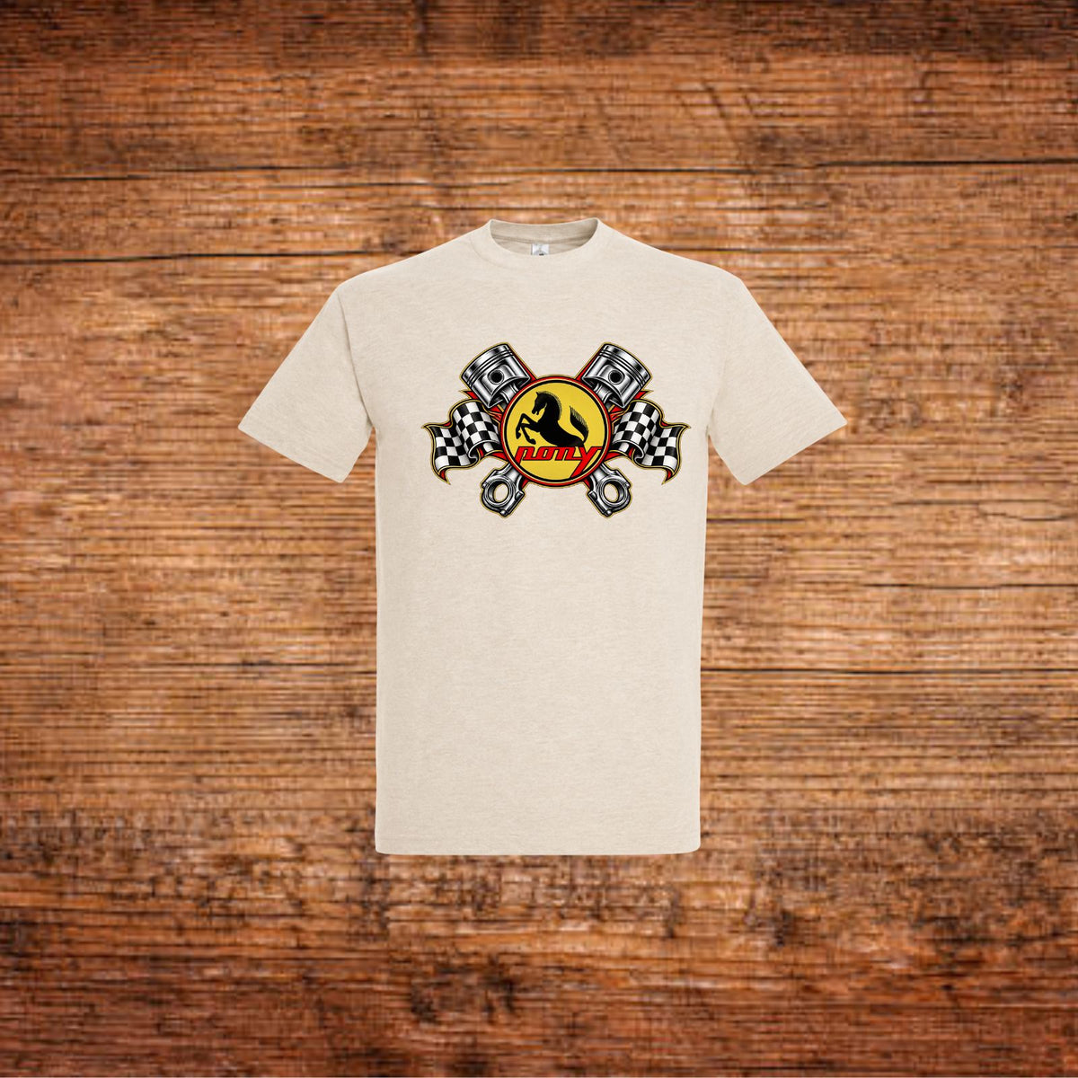 Weißes T-Shirt mit Pony-Motiv und gekreuzten Zündkerzen