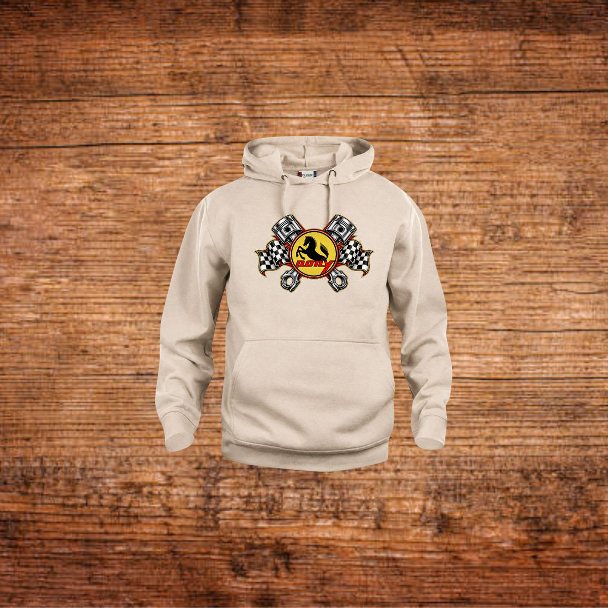 Beiger Hoodie mit Kapuze und Pony-Mofa-Print auf der Brust