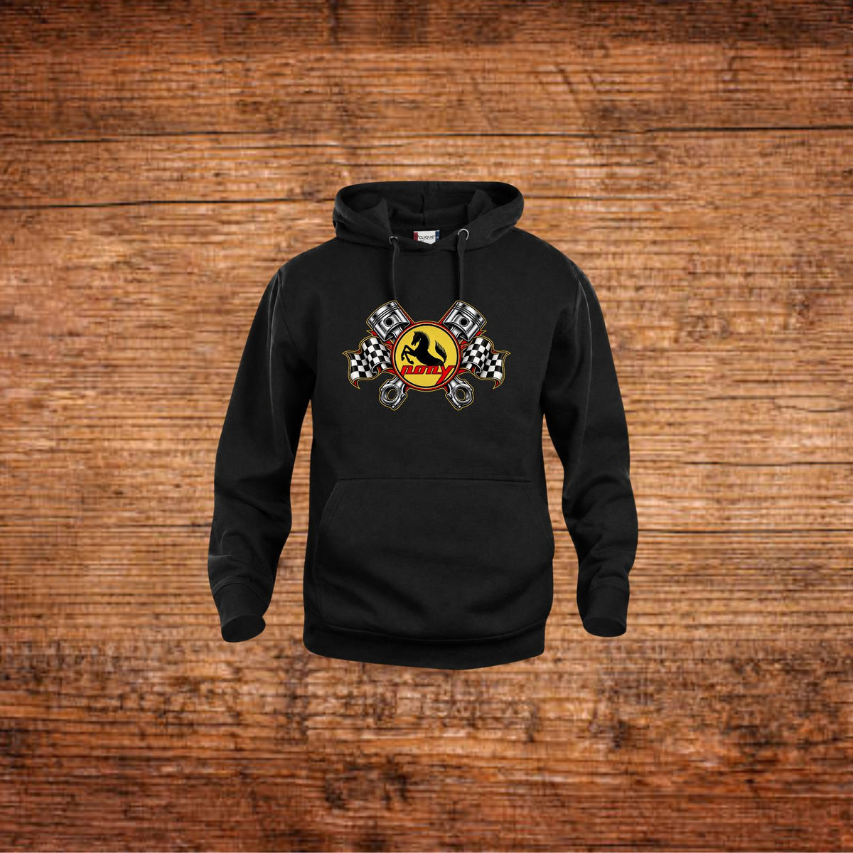 Schwarzer Hoodie mit Kapuze und Pony-Mofa-Logo-Print auf der Brust