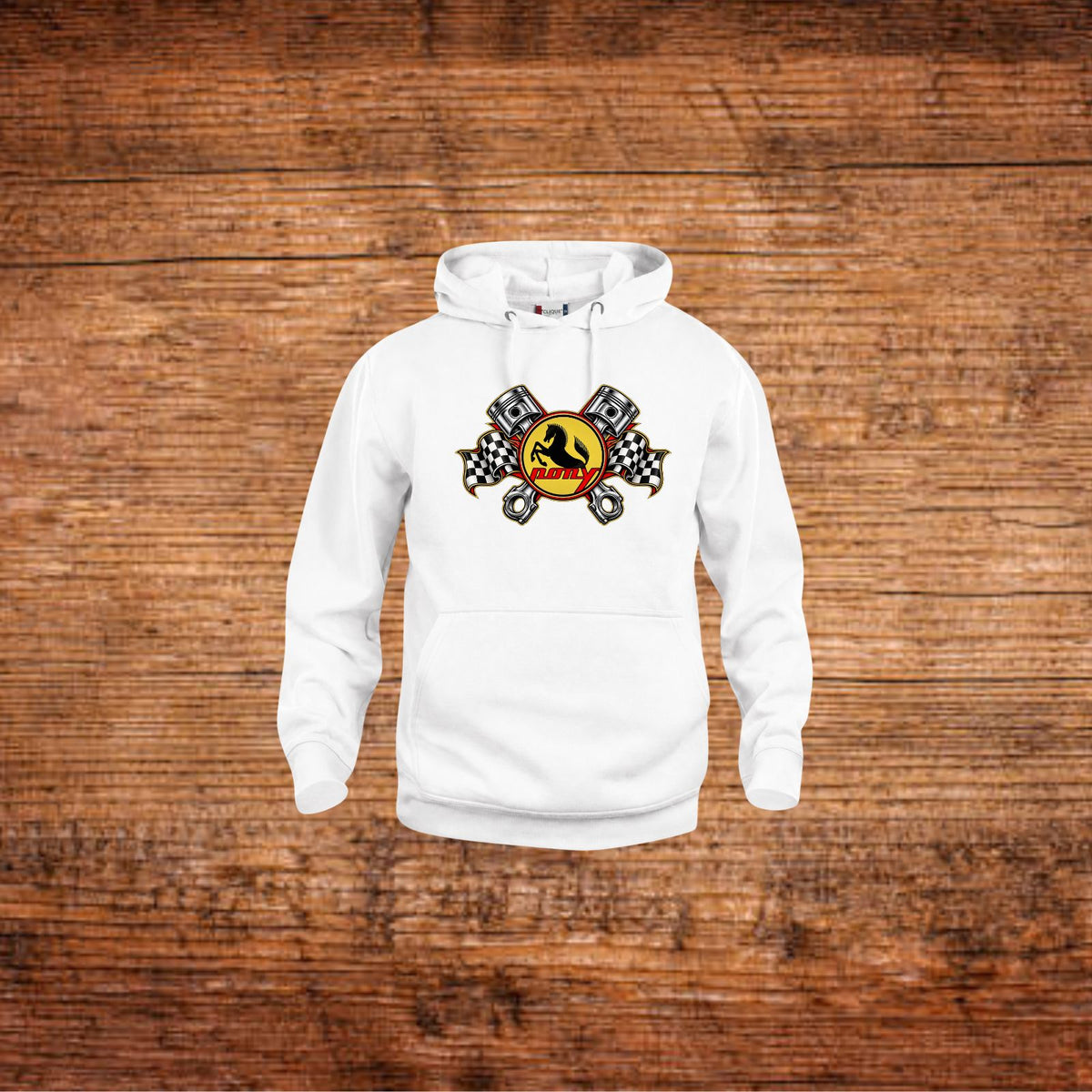Weißer Hoodie mit Kapuze und Pony-Mofa-Print auf der Brust