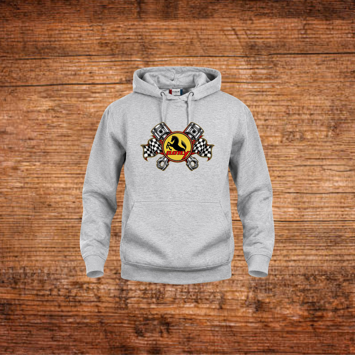 Grauer Hoodie mit Kapuze und Pony-Mofa-Print auf der Brust