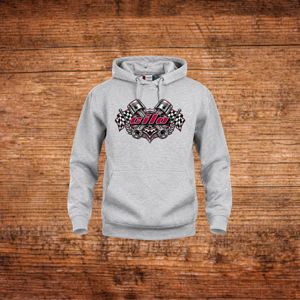 Mofa-Hoodie in Grau mit Cilo Kolben-Motiv auf der Brust