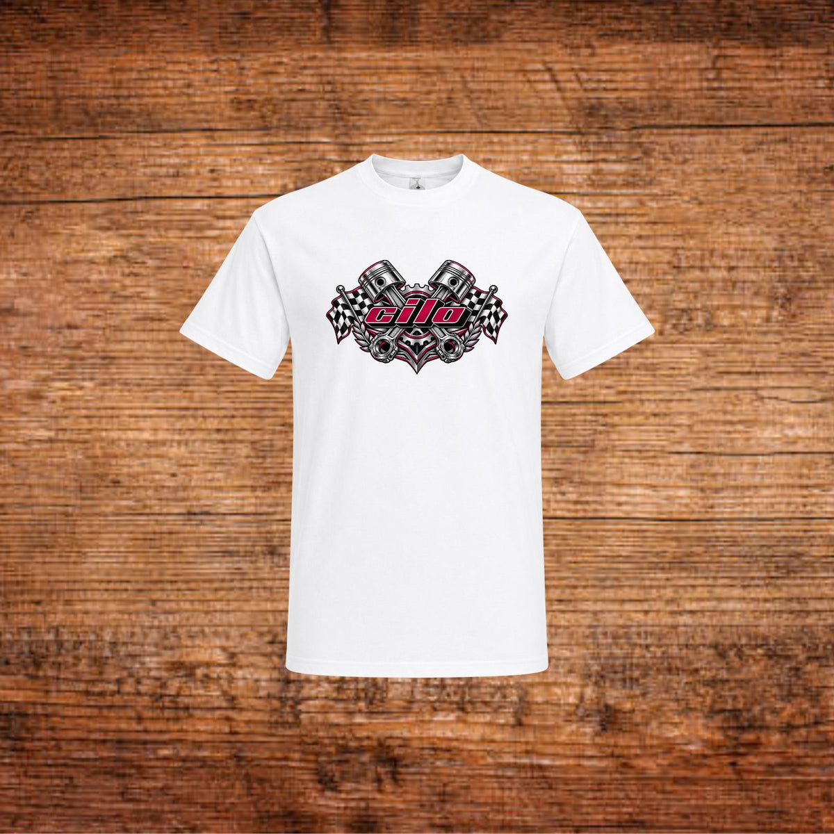 Weißes T-Shirt mit Cilo-Kolbenmotiv vorn